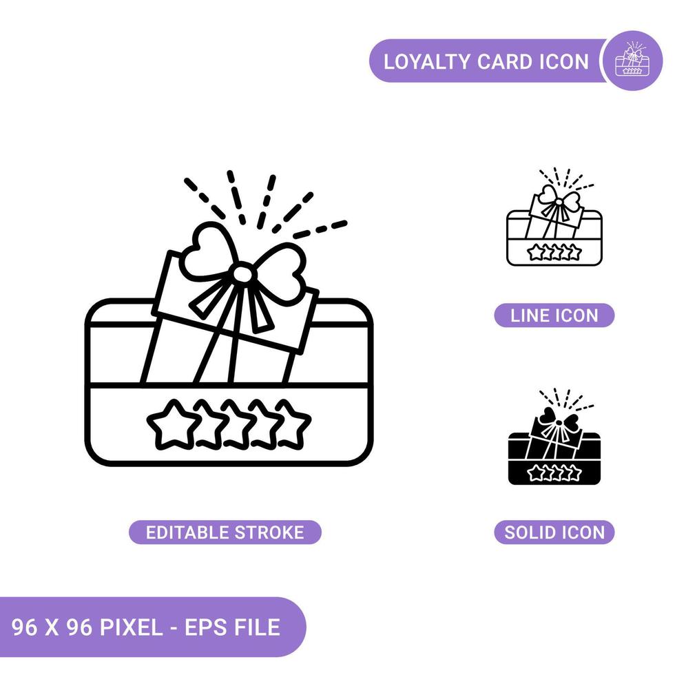 Loyalty card icons set vector illustration with solid icon line style. Gift redeem bonus concept. Editable stroke icon on isolated background for web design, infographic and UI mobile app.