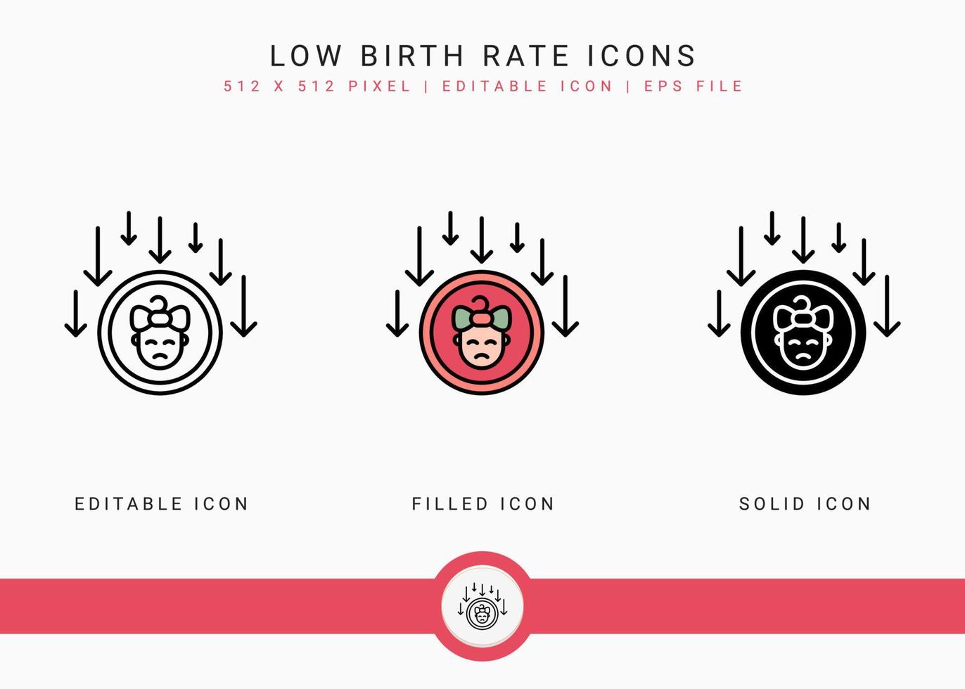 Low birth rate icons set vector illustration with solid icon line style. Loss birthrate population concept. Editable stroke icon on isolated background for web design, infographic and UI mobile app.