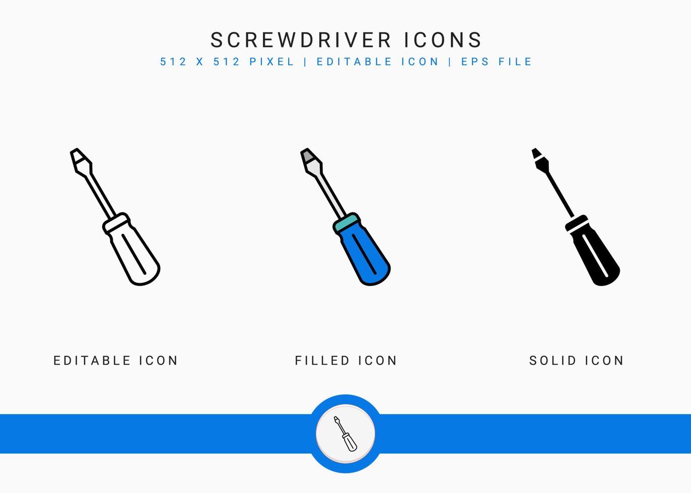 Screwdriver icons set vector illustration with solid icon line style. Carpenter tool building concept. Editable stroke icon on isolated background for web design, user interface, and mobile app