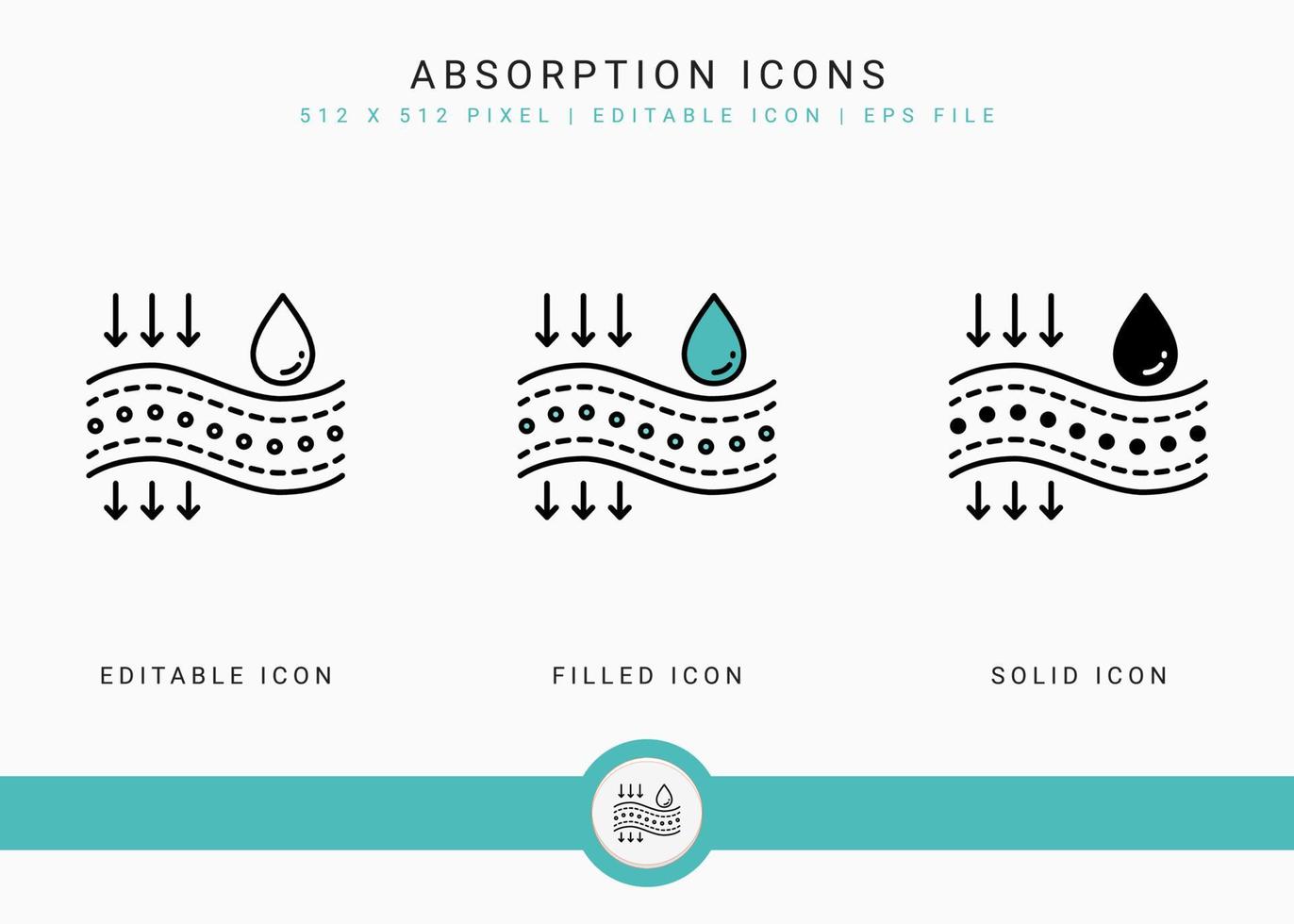 Absorption icons set vector illustration with solid icon line style. Drop water emulsion concept. Editable stroke icon on isolated background for web design, infographic and UI mobile app.