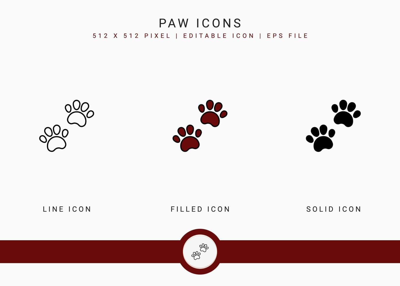 Paw icons set vector illustration with solid icon line style. Animal footprint symbol concept. Editable stroke icon on isolated white background for web design, user interface, and mobile application