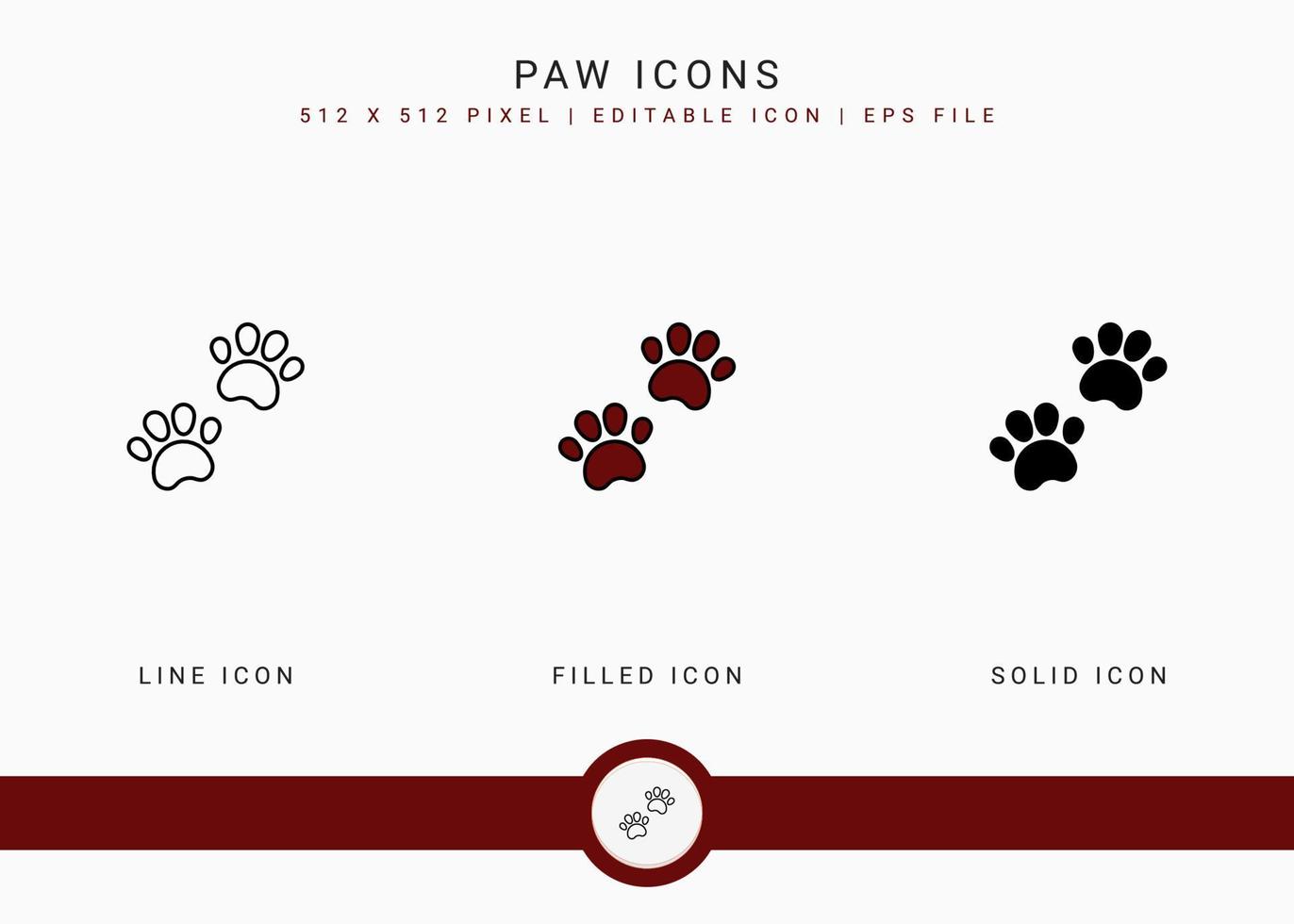 iconos de pata establecen ilustración vectorial con estilo de línea de icono sólido. concepto de símbolo de huella animal. icono de trazo editable sobre fondo blanco aislado para diseño web, interfaz de usuario y aplicación móvil vector