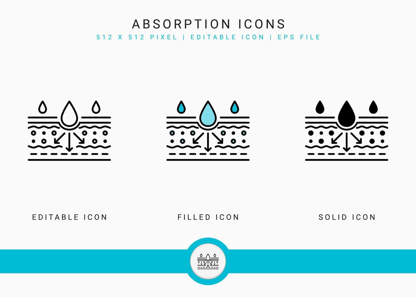 Absorption icons set vector illustration with solid icon line style. Drop water emulsion concept. Editable stroke icon on isolated background for web design, infographic and UI mobile app.