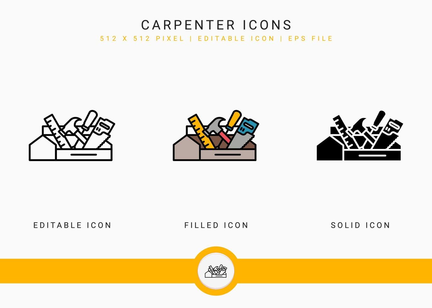 Carpenter icons set vector illustration with solid icon line style. Hammer tool building concept. Editable stroke icon on isolated background for web design, user interface, and mobile application