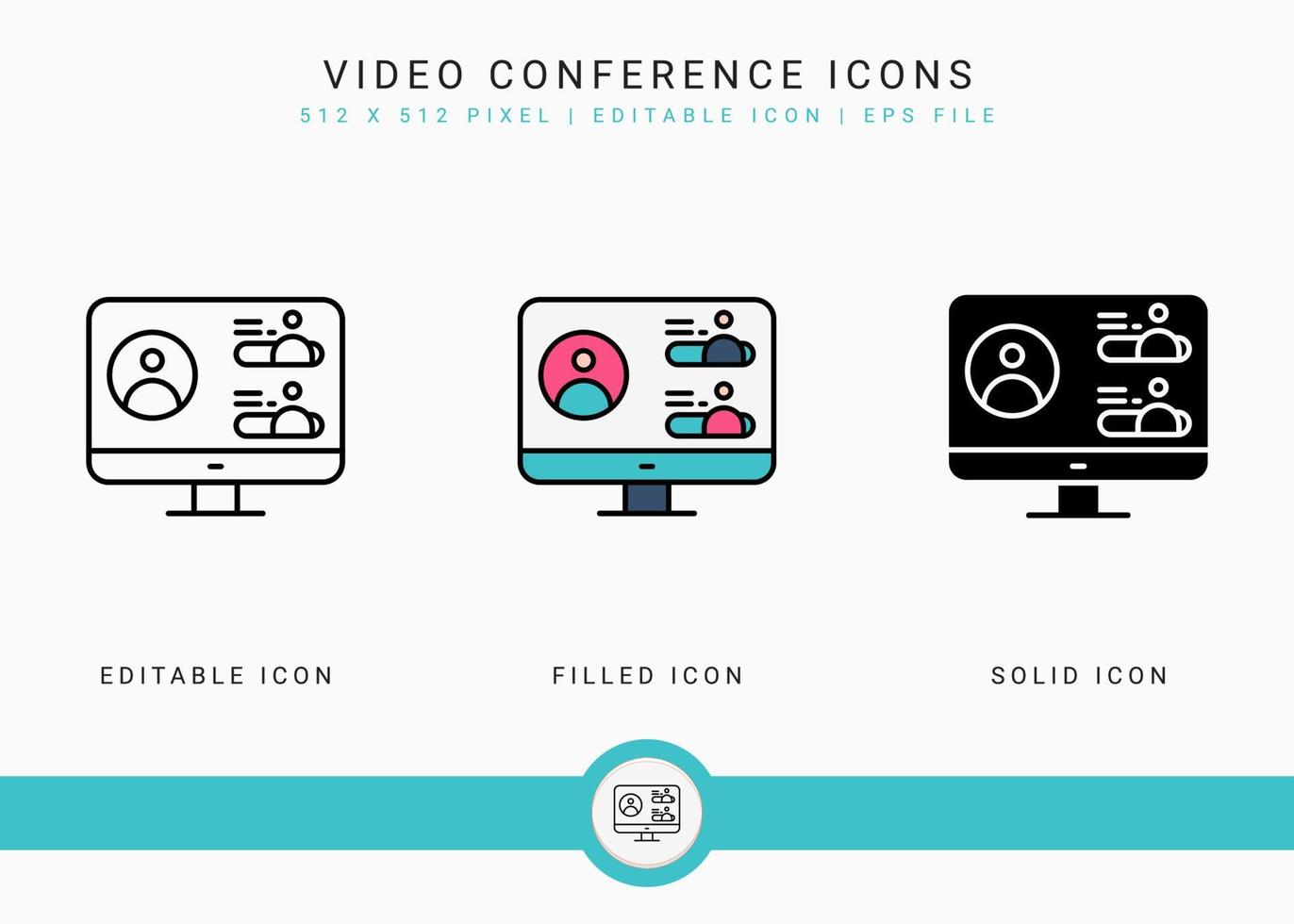 Video Conference icons set vector illustration with solid icon line style. Online communication concept. Editable stroke icon on isolated background for web design, infographic and UI mobile app.