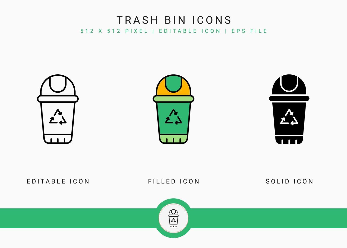 Trash bin icons set vector illustration with solid icon line style. Recycle garbage basket concept. Editable stroke icon on isolated background for web design, infographic and UI mobile app.