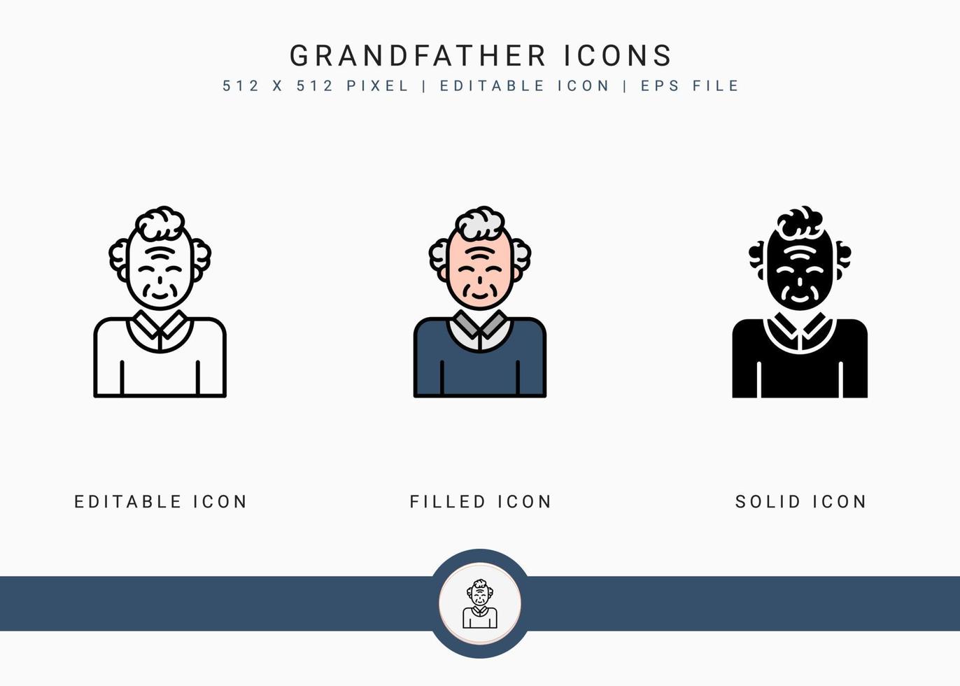 Grandfather icons set vector illustration with solid icon line style. Old people man symbol. Editable stroke icon on isolated background for web design, user interface, and mobile app