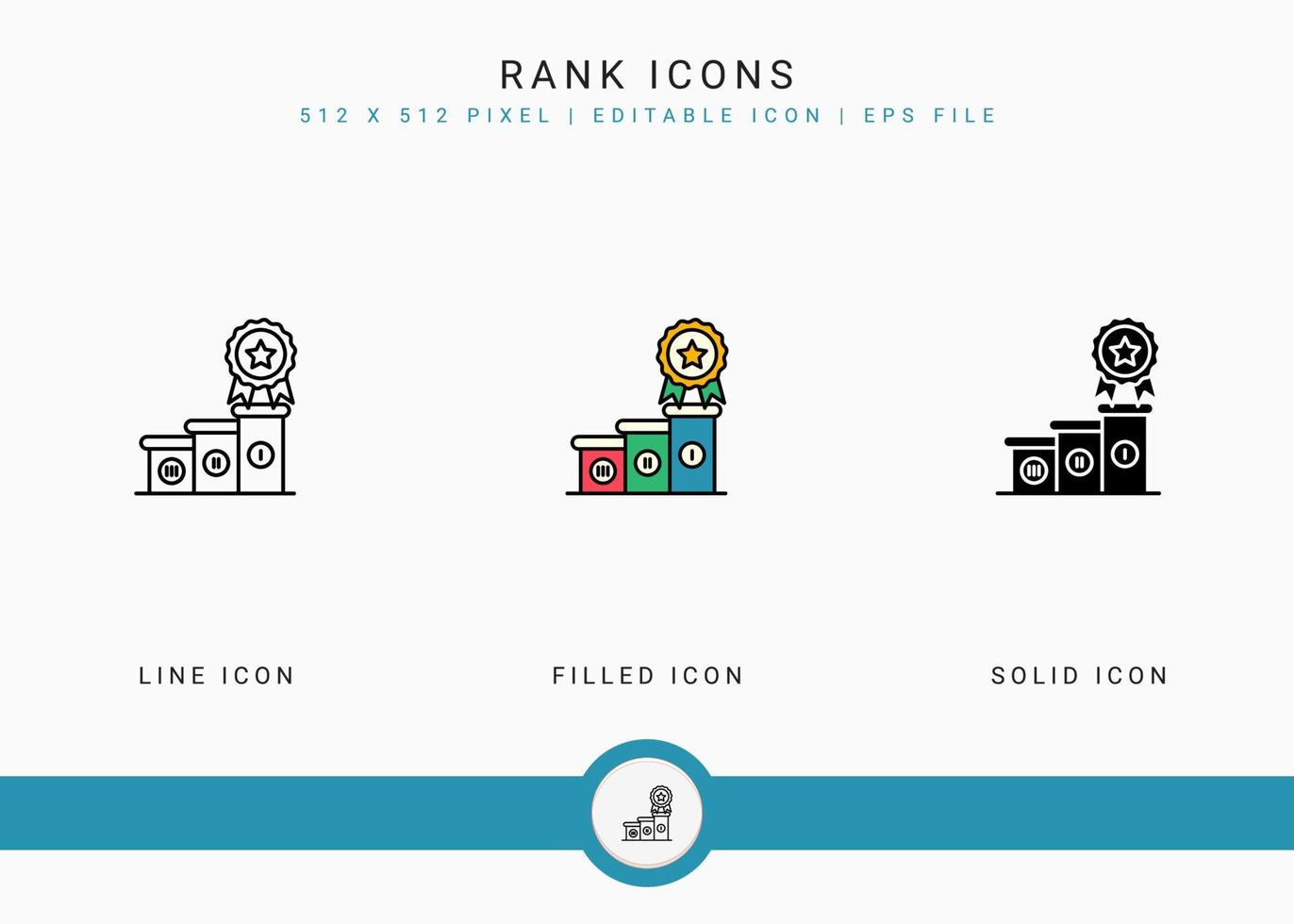 Rank icons set vector illustration with solid icon line style. Winner award concept. Editable stroke icon on isolated background for web design, user interface, and mobile app