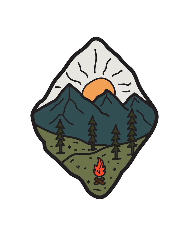montaña y hoguera camping naturaleza aventura en la noche línea salvaje insignia parche pin ilustración gráfica arte vectorial diseño de camiseta vector