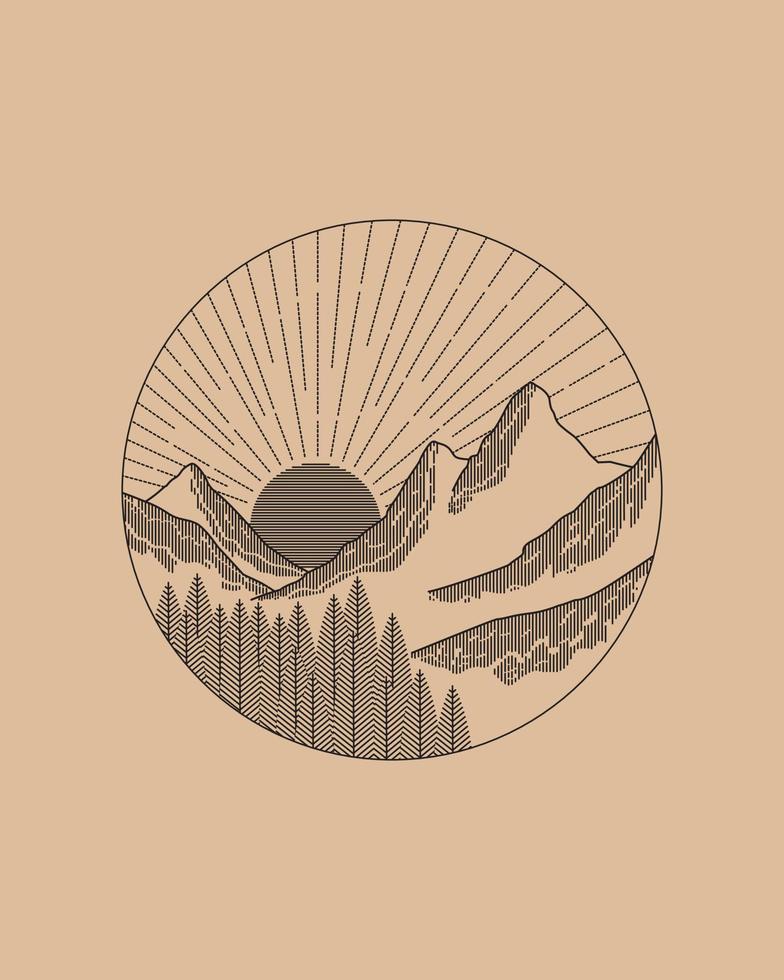 mono line landscape mountains and forest when Sunrise, vector for patch, pin, graphic, art t-shirt design