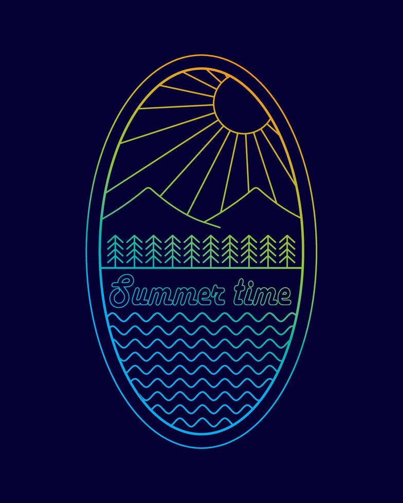 Mono line illustration of ocean and mountain views for design of t-shirts, pins, emblems. summer time vector