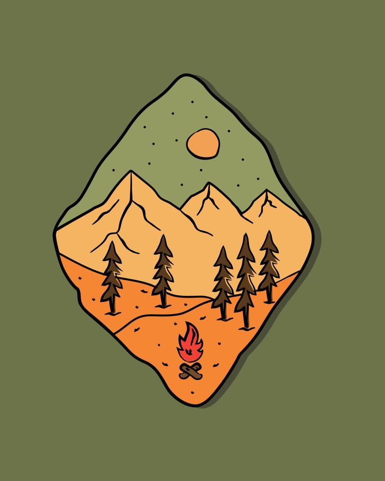 mountain and tree camping nature adventure in the night wild line badge patch pin graphic illustration vector art t-shirt design