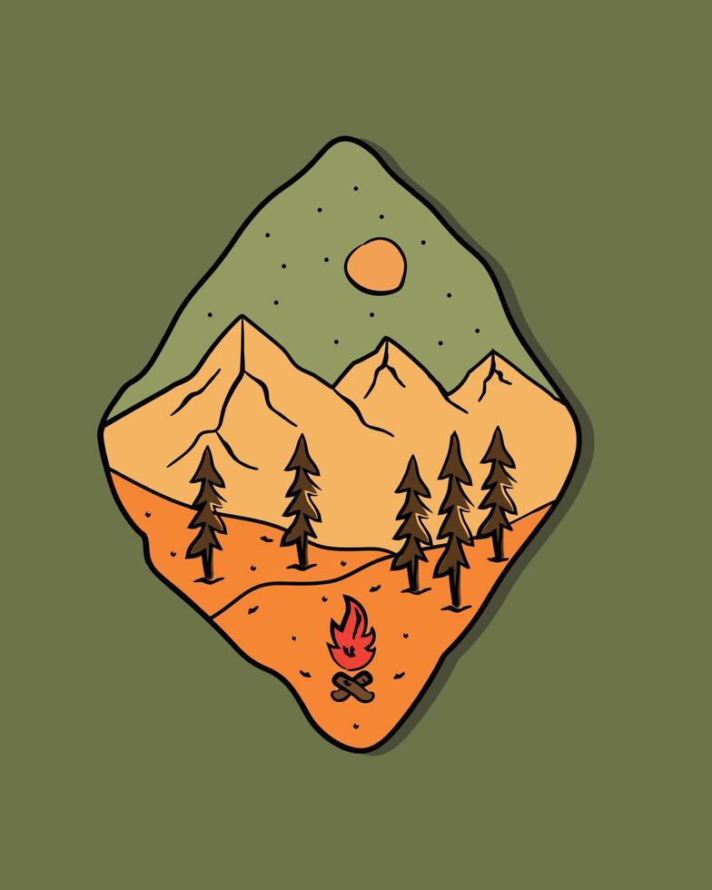 montaña y árbol camping naturaleza aventura en la noche línea salvaje insignia parche pin ilustración gráfica arte vectorial diseño de camiseta vector