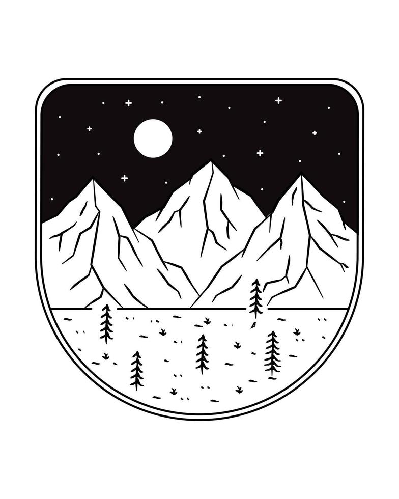 ilustración paisajística de tres montañas y algunos pinos con estrellas de mayo en arte de línea mono, ilustración vectorial abstracta, arte de camisetas, vector de diseño