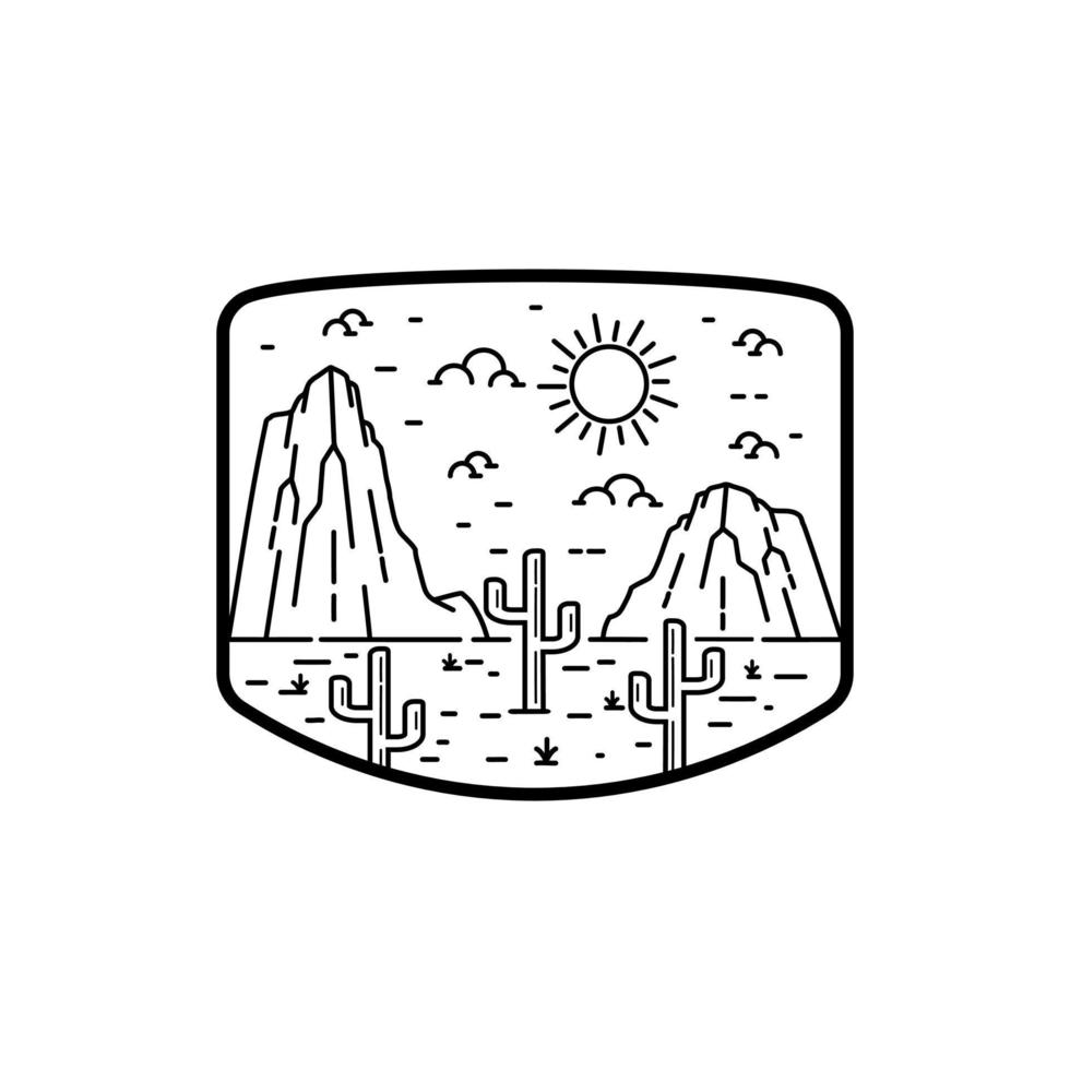 rocky hills and cactus on the night in mono line art, badge vector illustration, T-Shirt Art, Design Vector