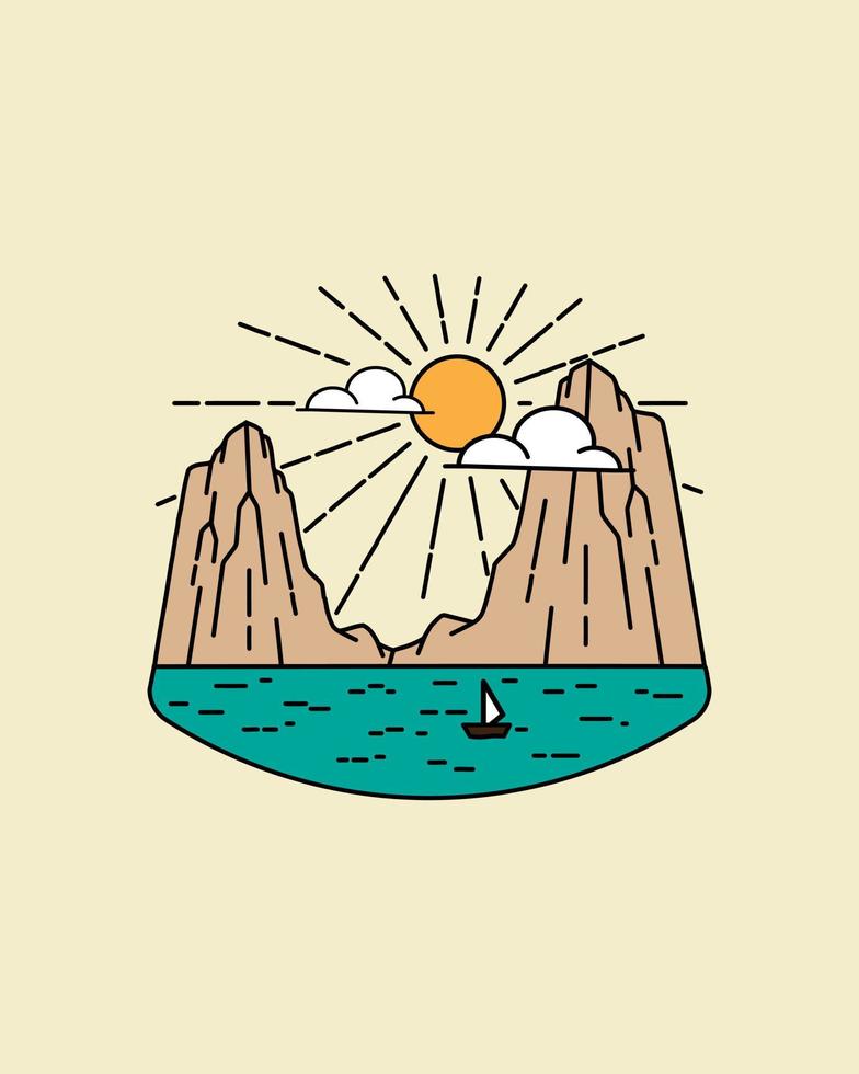 landscape illustration of twin hill and sea in mono line art, Abstract vector illustration, T-Shirt Art, Design Vector