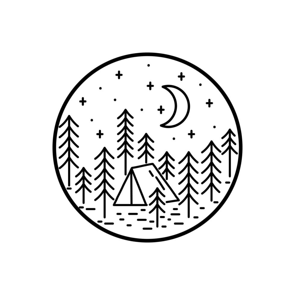 Camping tent and pines in the crescent night illustration in mono line art, badge vector illustration, T-Shirt Art, Design Vector