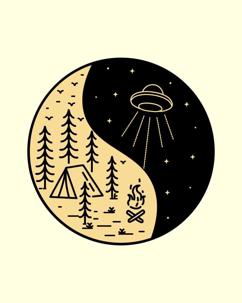 the camp attacked by UFO in yin yang concept , mono line art, patch badge design vector design, Tee design, T-Shirt Design