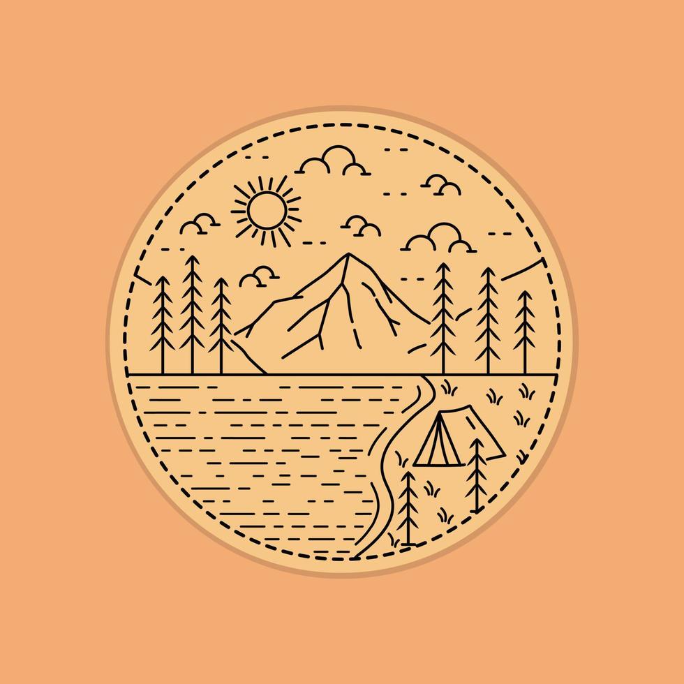 camping in the beautiful lake nature adventure wild line badge patch pin graphic illustration vector art t-shirt design
