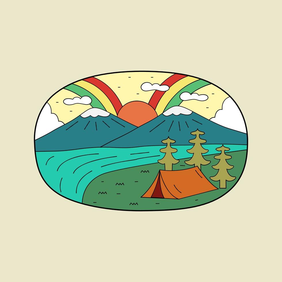 camping near river and mountain with rainbow sky, adventure wild line badge patch pin emblem graphic illustration vector art t-shirt design