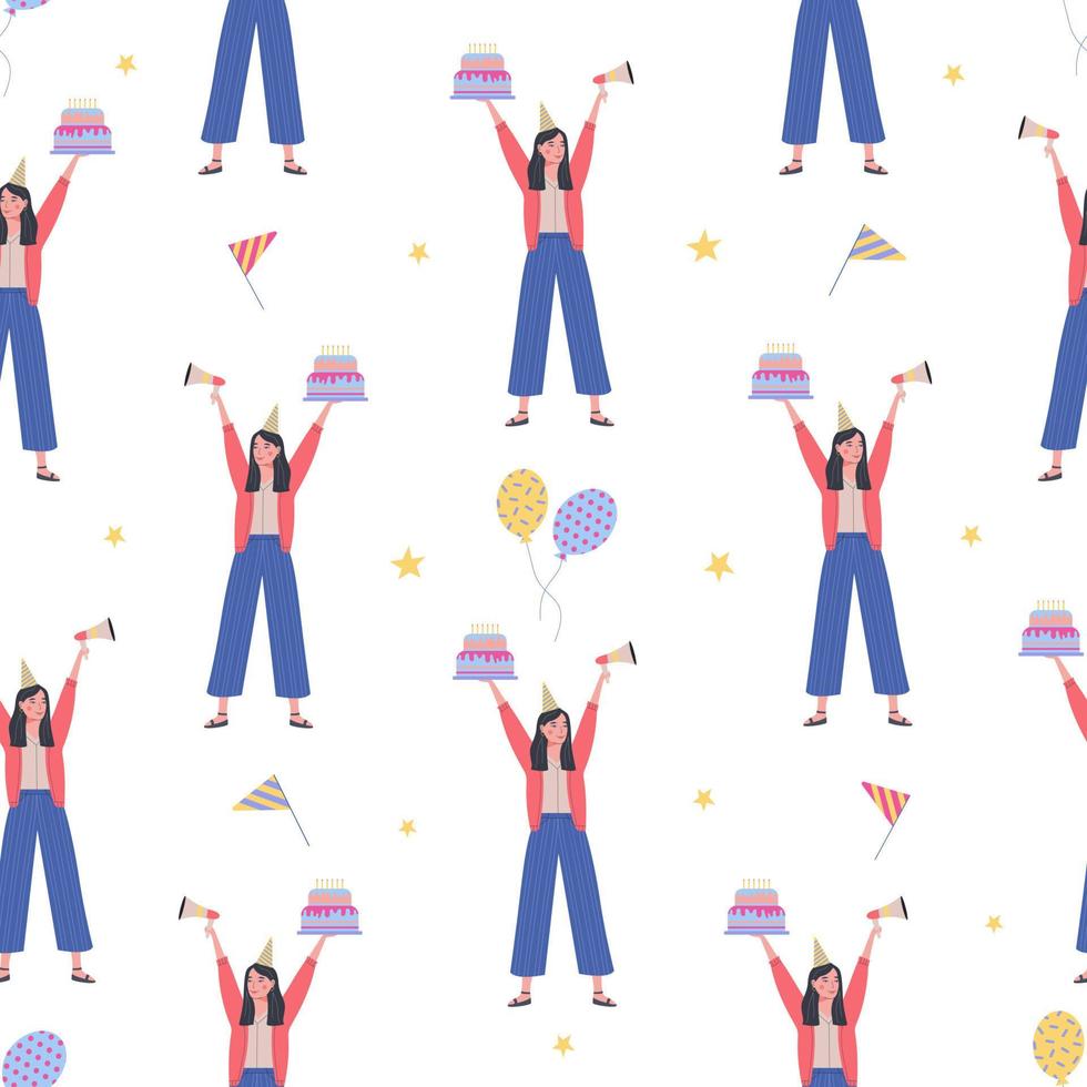 Birthday Party seamless pattern collection, people, gift boxes and confetti, balloons and flags, cake and caps vector