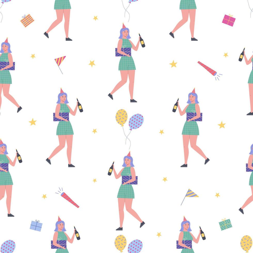 Birthday Party seamless pattern collection, people, gift boxes and confetti, balloons and flags, cake and caps vector