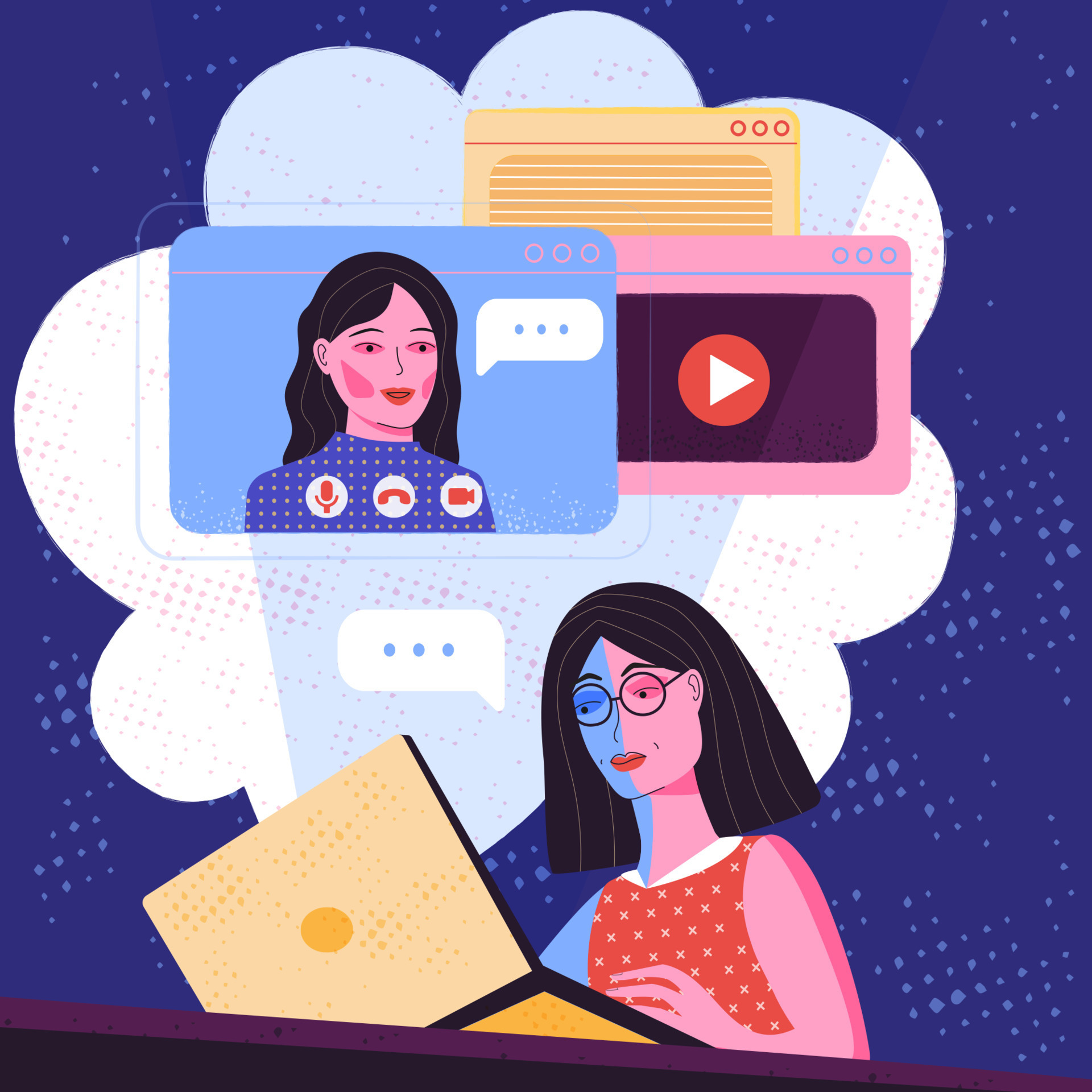 Girl friends chat online. Girl sitting in a chair in front of a laptop and  speaks with friend. Video conference, online chat concept. Working or online  meeting from home. Vector flat illustration.