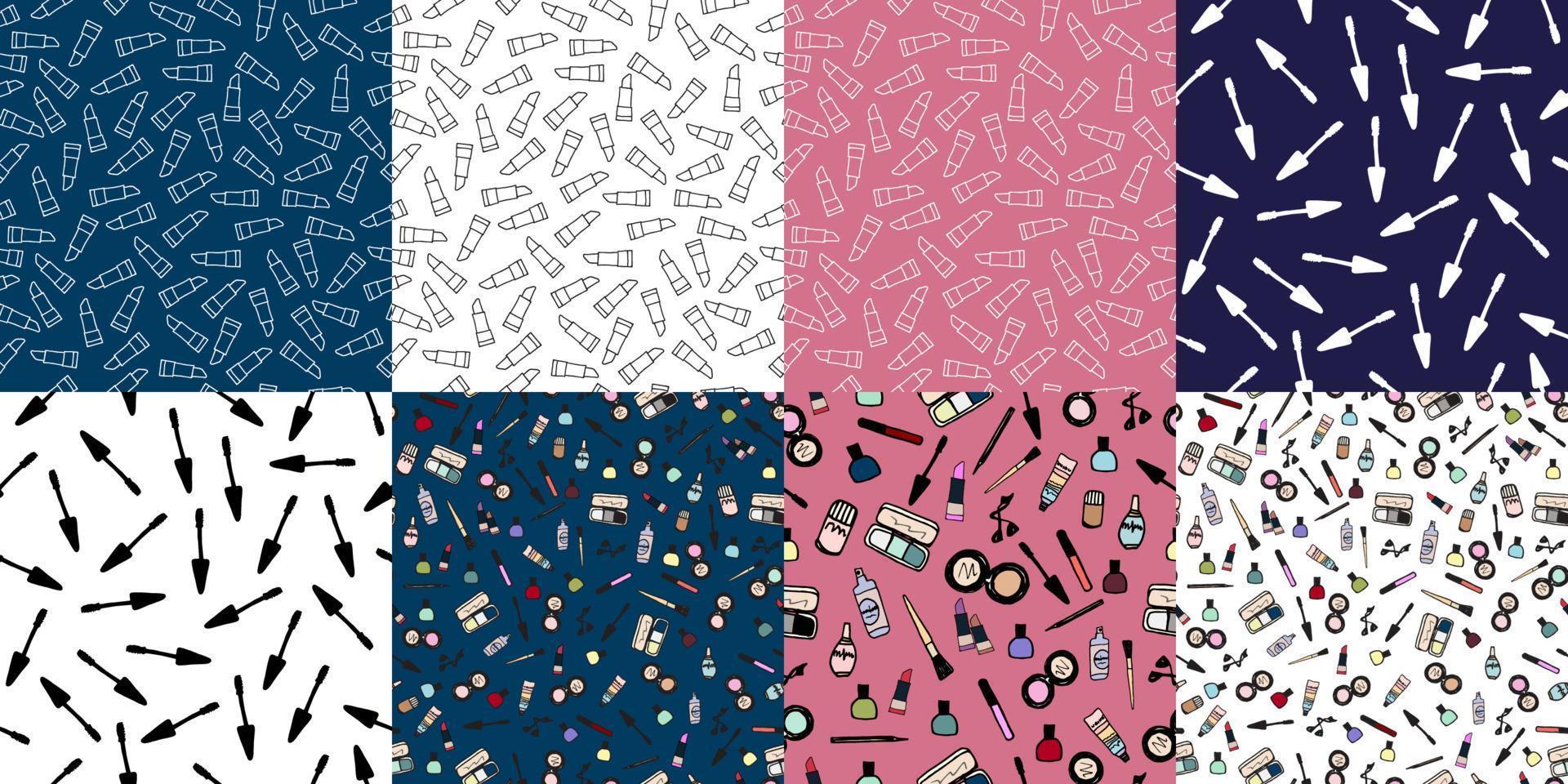 Set of 3 hand drawn cosmetics and makeup seamless pattern. vector