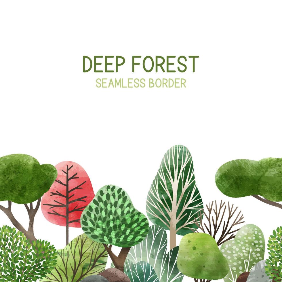 Watercolor forest, seamless border, hand drawn vector illustration.