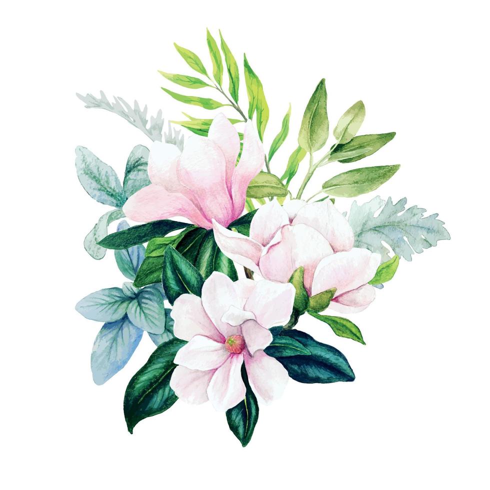 Magnolia and leaves, bright watercolor bouquet with fern, hand drawn vector illustration