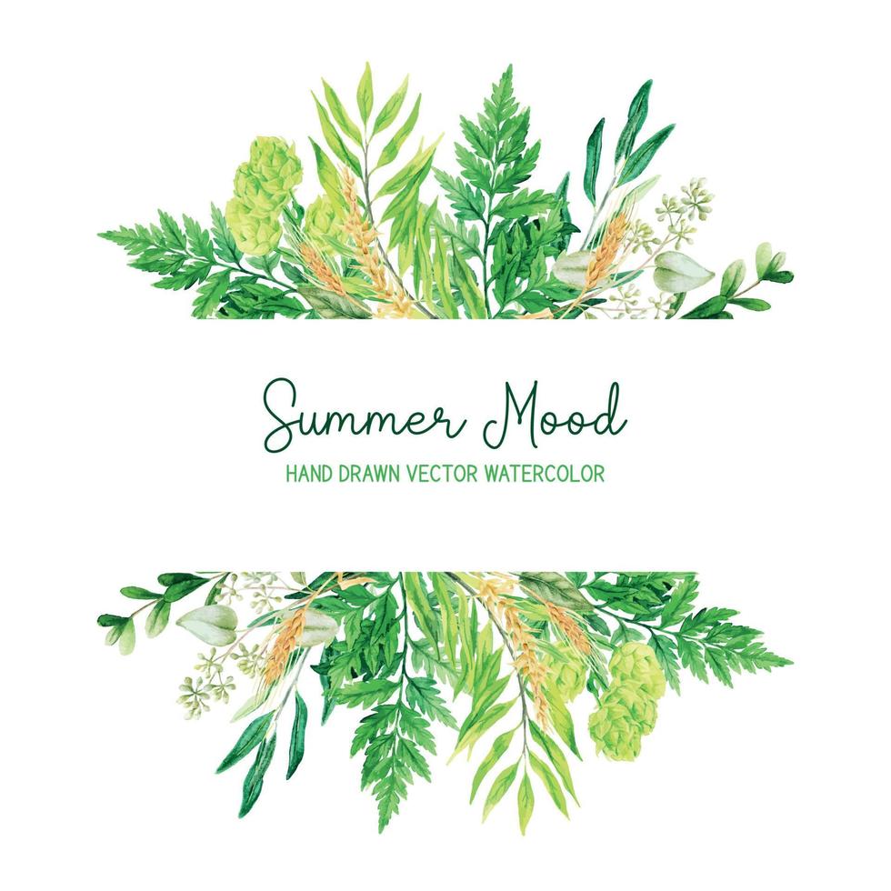 Horizontal stripe banner with watercolor ferns and ears, hand drawn vector illustration