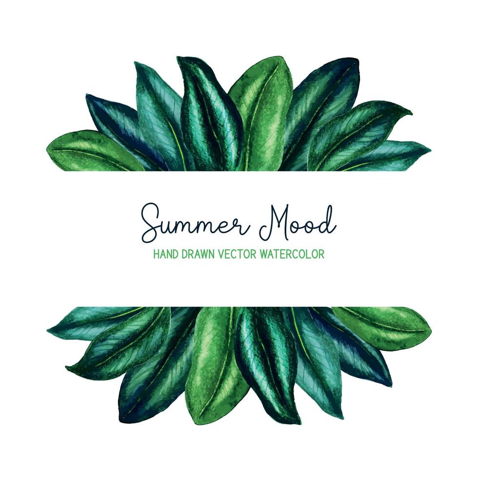 Horizontal stripe banner with watercolor dark green leaves, hand drawn vector illustration