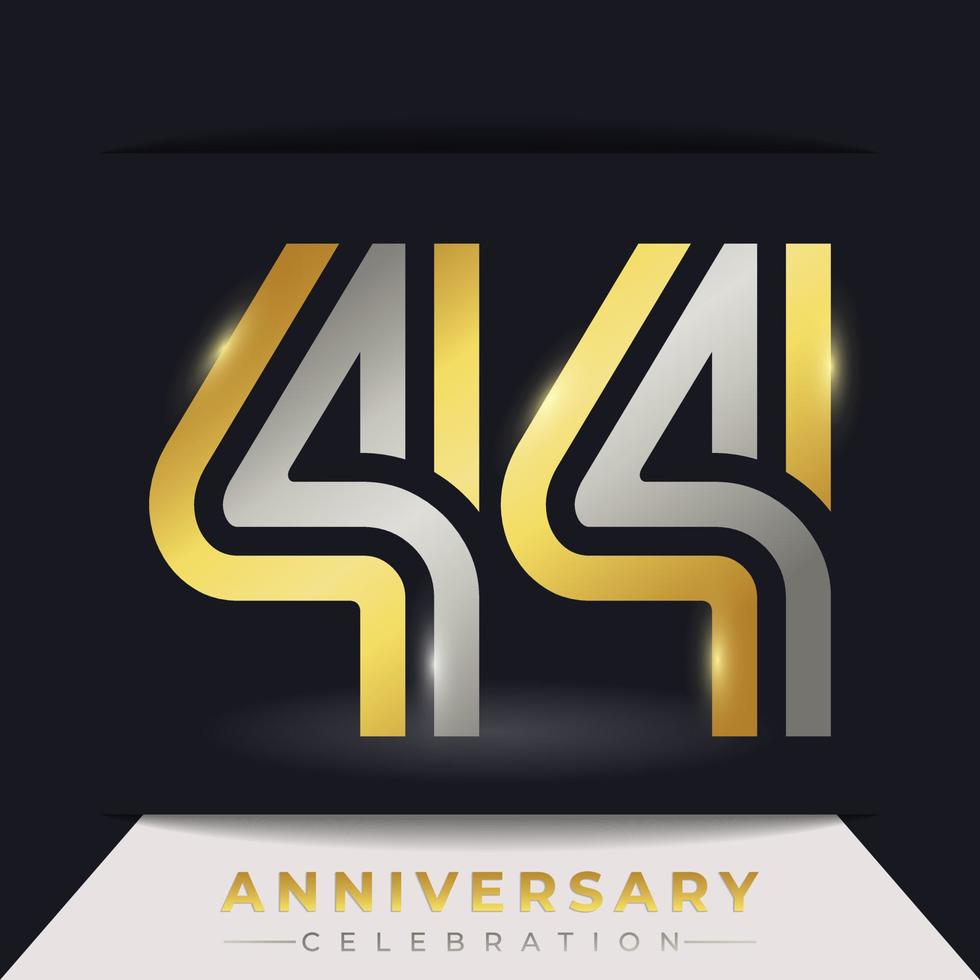 Celebración del aniversario de 44 años con varias líneas vinculadas de color dorado y plateado para eventos de celebración, bodas, tarjetas de felicitación e invitaciones aisladas en un fondo oscuro vector