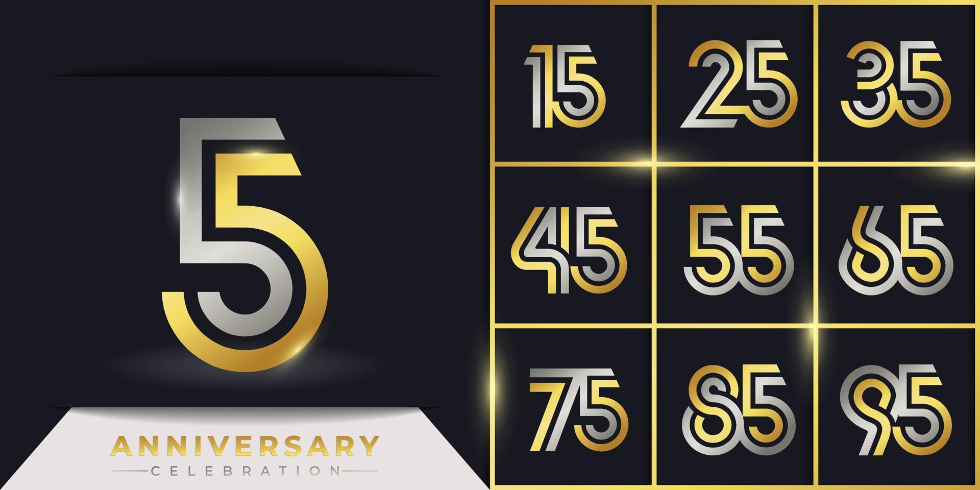 Set of 1 Year Anniversary Celebration with Linked Multiple Line Golden and Silver Color for Celebration Event, Wedding, Greeting card, and Invitation Isolated on Dark Background vector