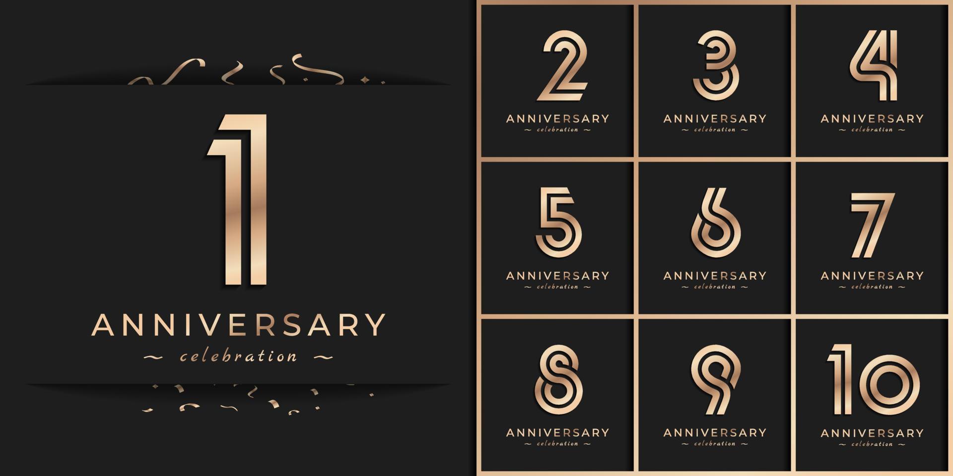 Set of Anniversary Celebration Logotype Style Design. Happy Anniversary Greeting Celebrates Event with Golden Multiple Line and Confetti Isolated on Dark Background Design Illustration vector