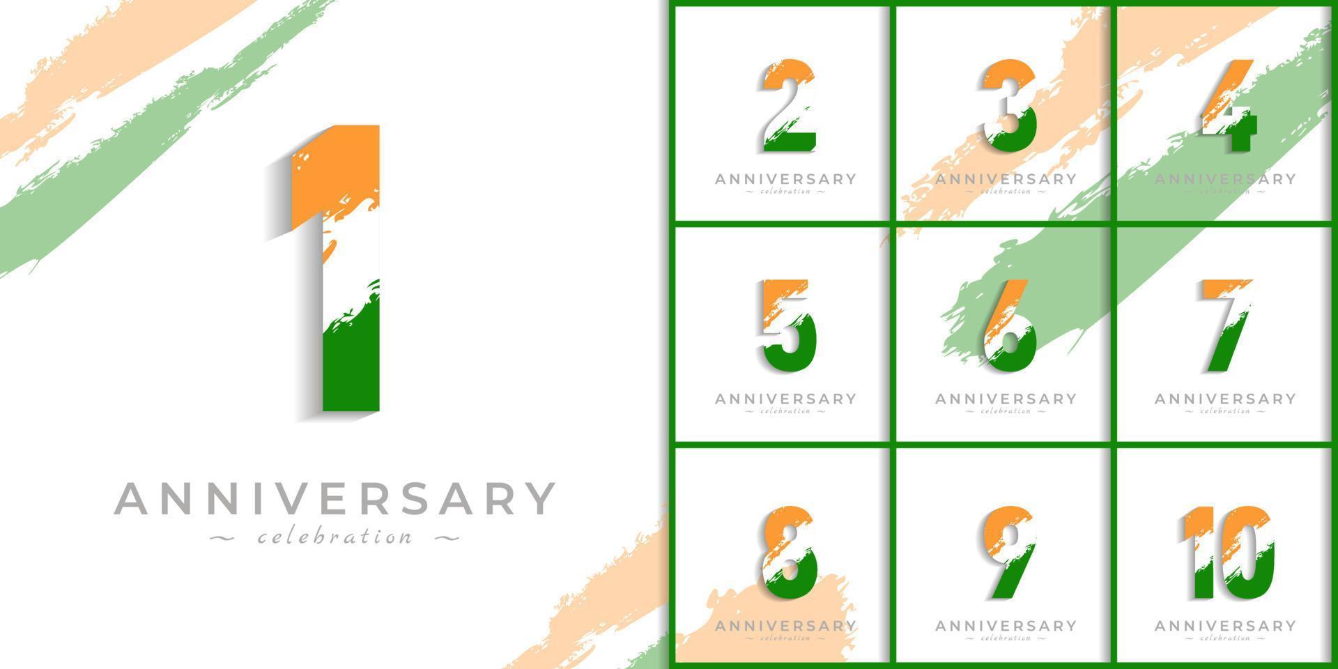 conjunto de celebración del aniversario del año con una barra blanca de pincel en azafrán amarillo y color verde de la bandera india. saludo de feliz aniversario celebra evento aislado sobre fondo blanco vector