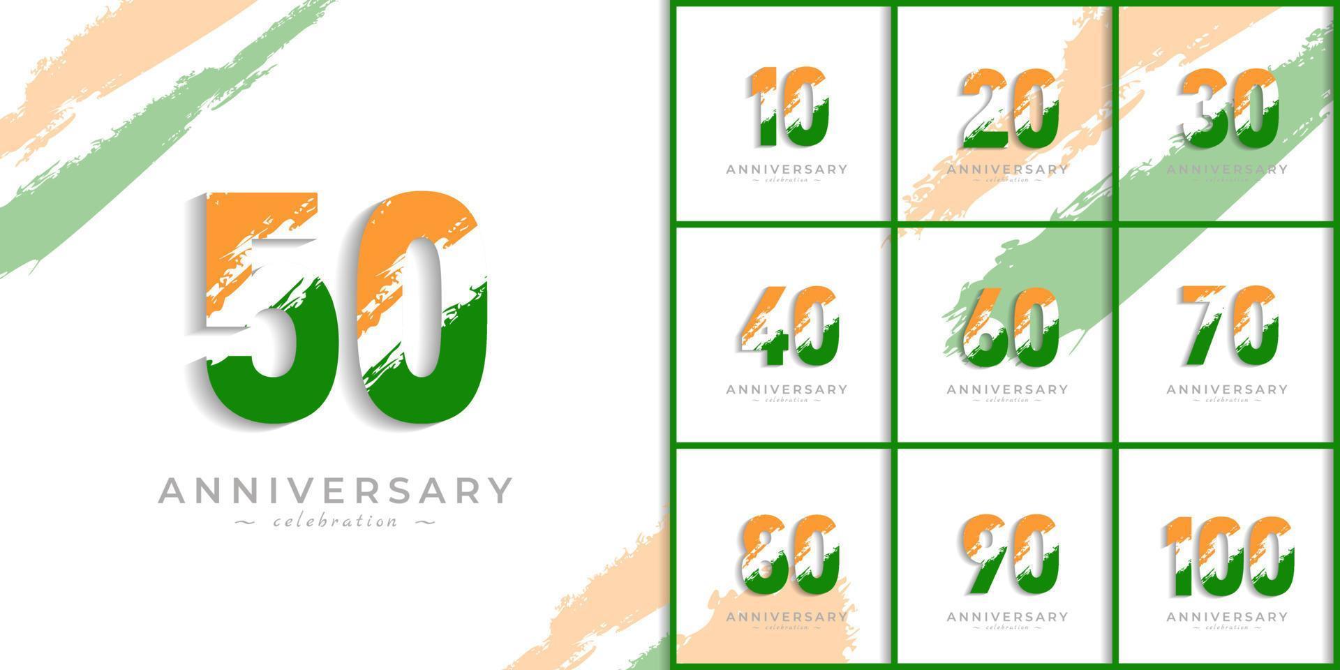 Set of Year Anniversary Celebration with Brush White Slash in Yellow Saffron and Green Indian Flag Color. Happy Anniversary Greeting Celebrates Event Isolated on White Background vector