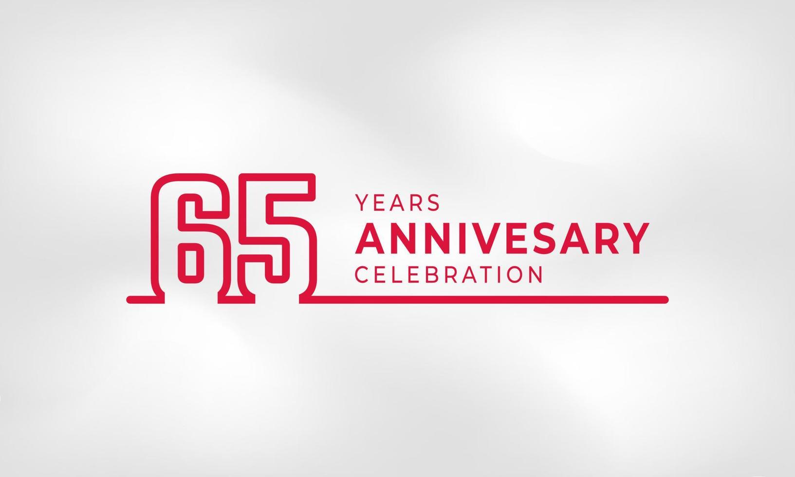 Celebración del aniversario de 65 años Número de esquema de logotipo vinculado color rojo para evento de celebración, boda, tarjeta de felicitación e invitación aislado en fondo de textura blanca vector