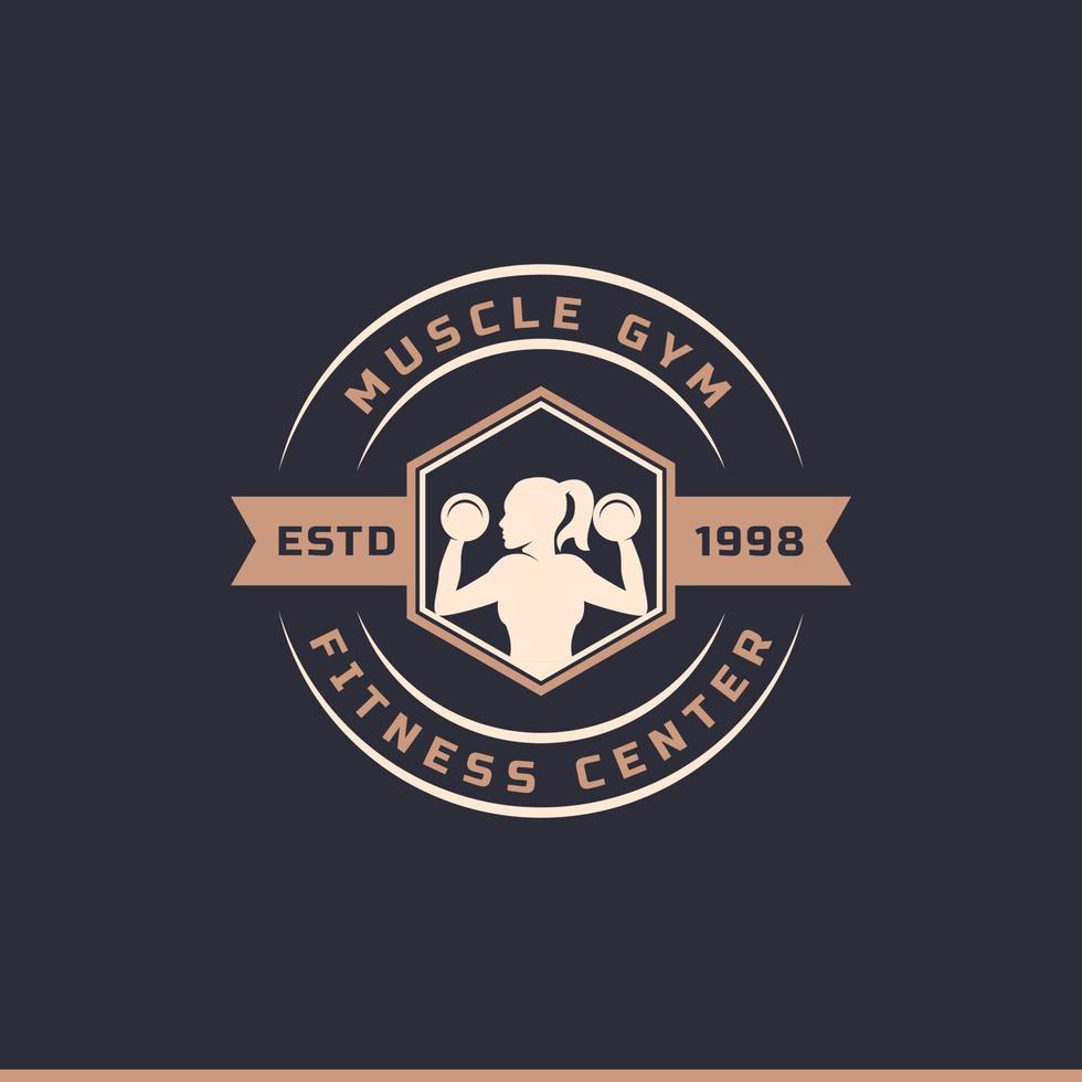 insignia retro vintage centro de fitness y logotipos de gimnasio deportivo tipográficos con signos y siluetas de equipos deportivos vector