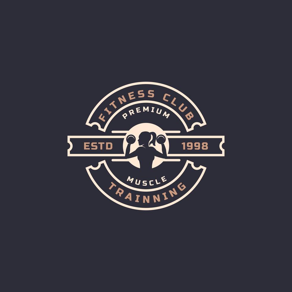 insignia retro vintage centro de fitness y logotipos de gimnasio deportivo tipográficos con signos y siluetas de equipos deportivos vector