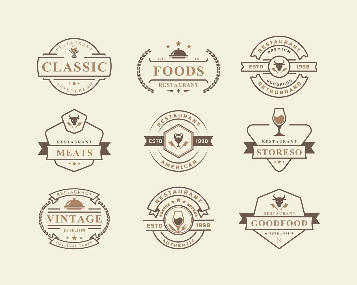 conjunto de iconos de restaurante y café de placa retro vintage, siluetas de diseño de logotipo de comida rápida vector