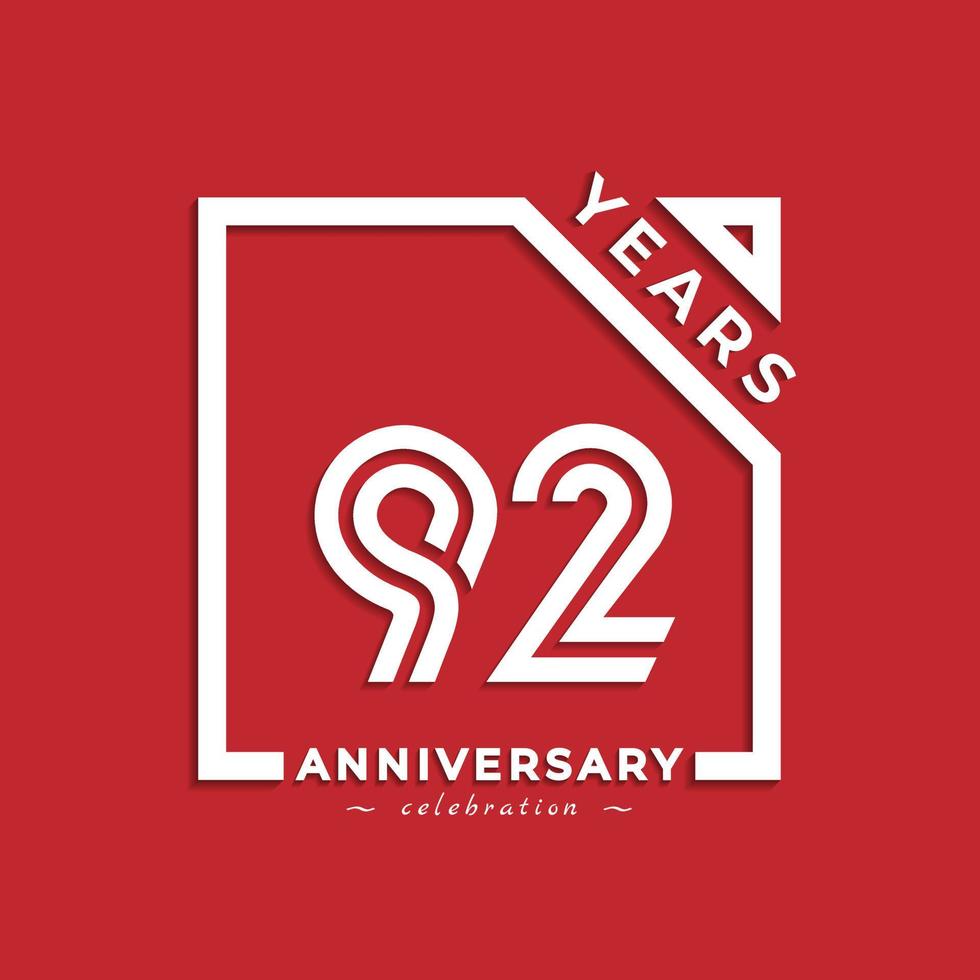 92 Year Anniversary Celebration Logotype Style Design with Linked Number in Square Isolated on Red Background. Happy Anniversary Greeting Celebrates Event Design Illustration vector