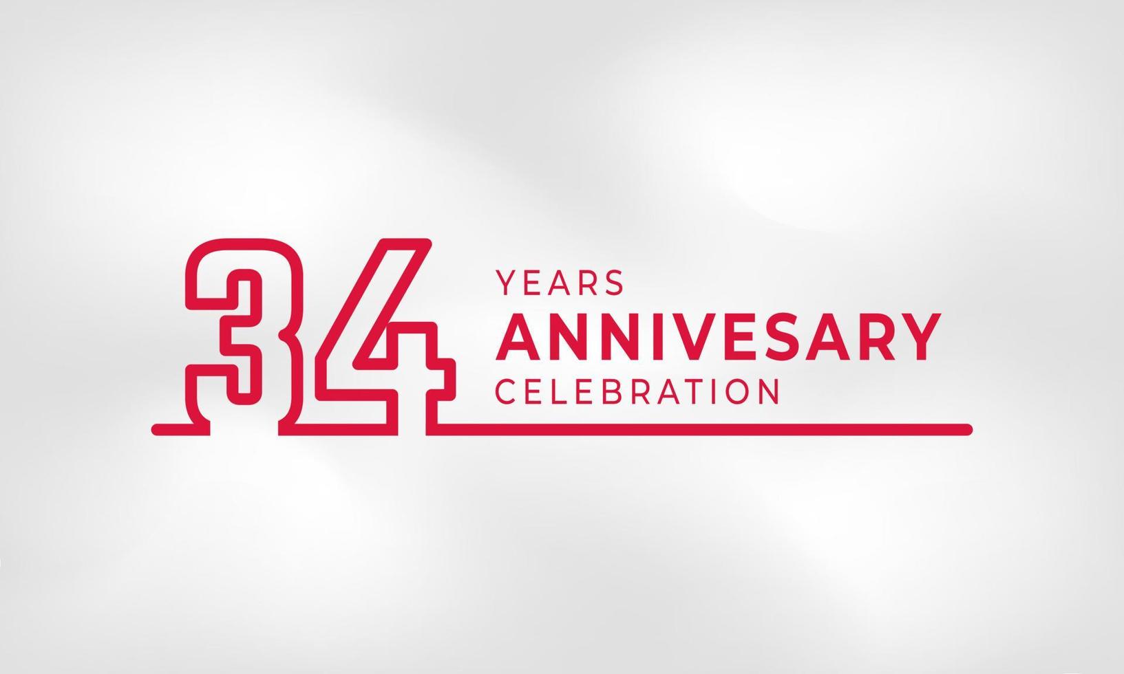 Celebración de aniversario de 34 años Número de esquema de logotipo vinculado color rojo para evento de celebración, boda, tarjeta de felicitación e invitación aislado en fondo de textura blanca vector