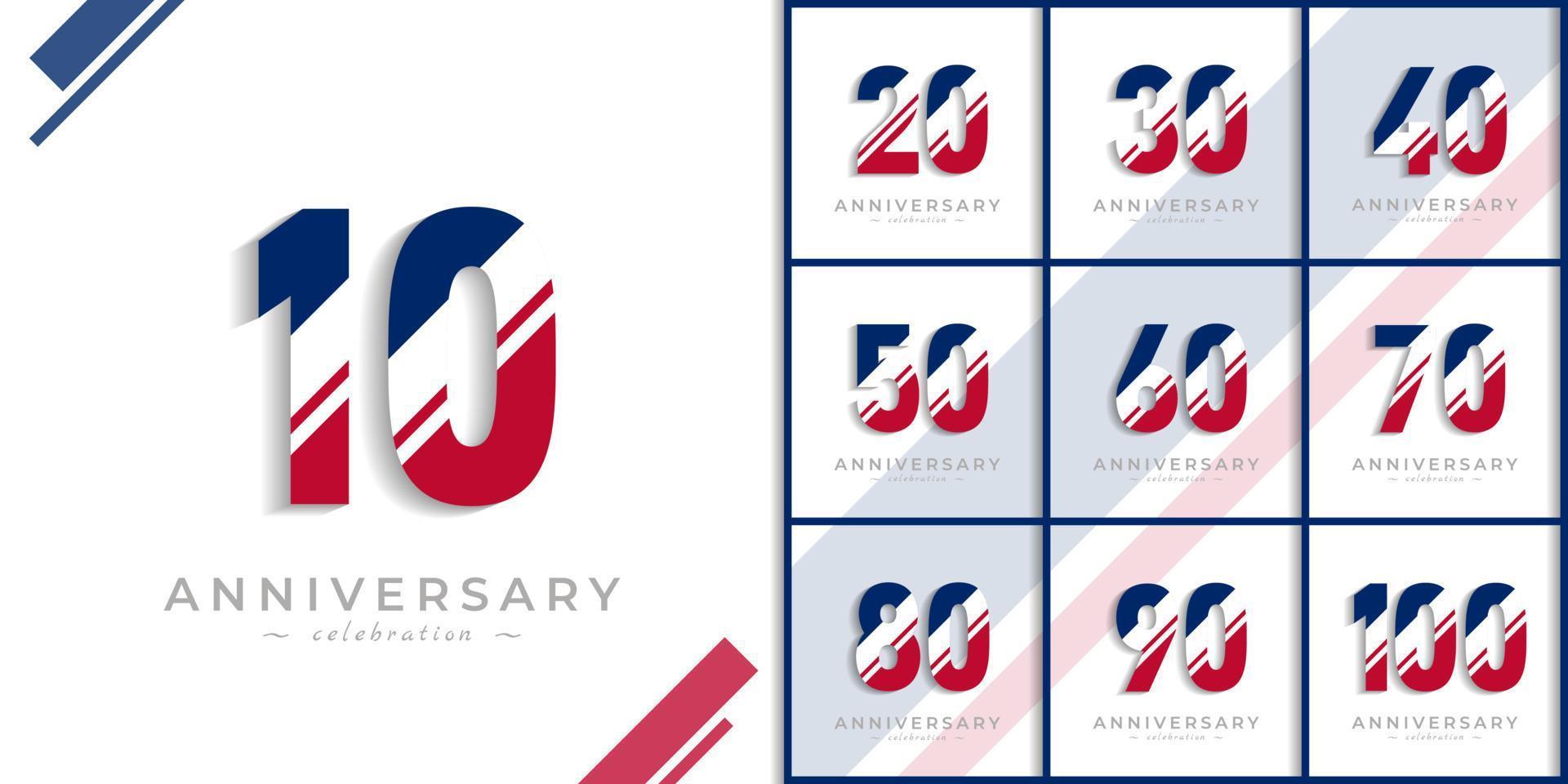 Set of Years Anniversary Celebration with White Slash in Red and Blue American Flag Color. Happy Anniversary Greeting Celebrates Event Isolated on White Background vector