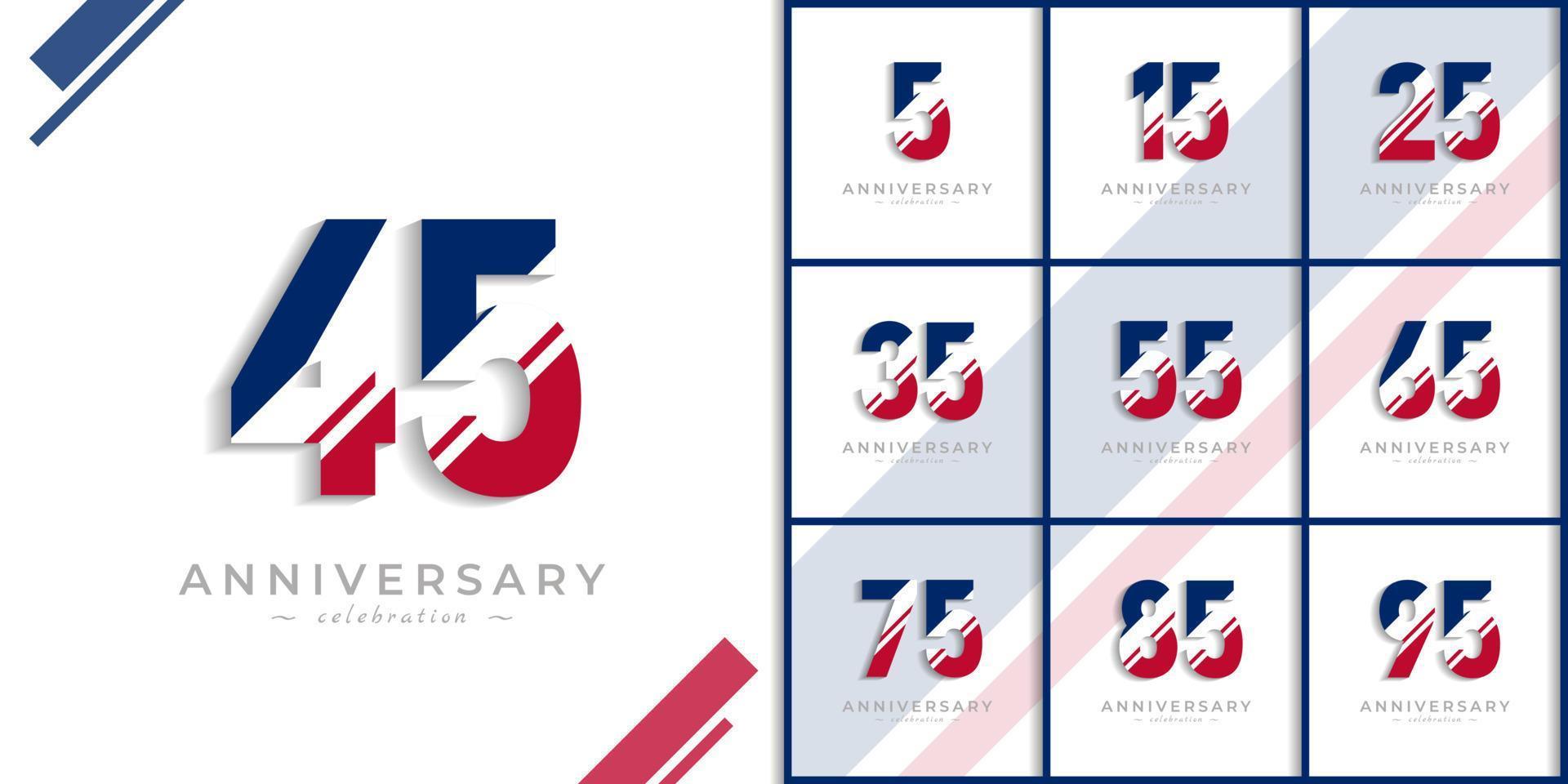 Set of Years Anniversary Celebration with White Slash in Red and Blue American Flag Color. Happy Anniversary Greeting Celebrates Event Isolated on White Background vector
