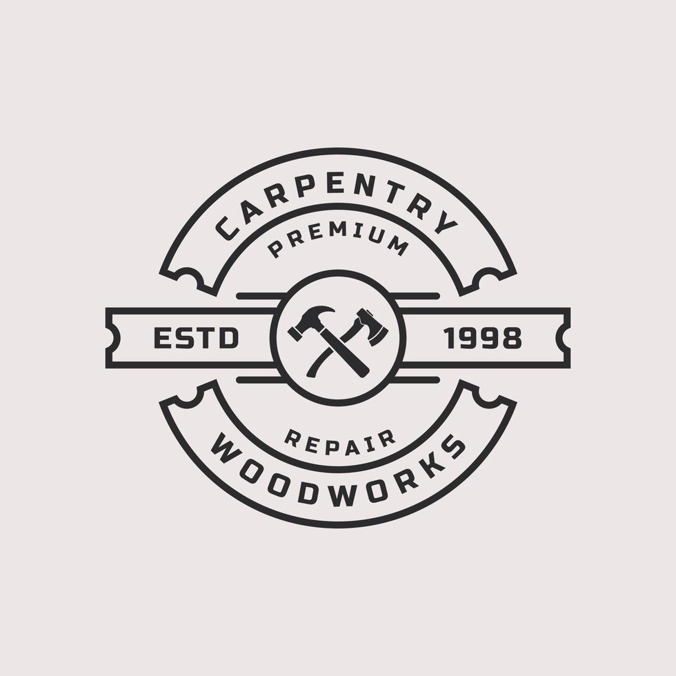 herramientas de trabajo de insignia retro vintage, carpintería, etiquetas de taller, elementos de diseño de logotipos vector