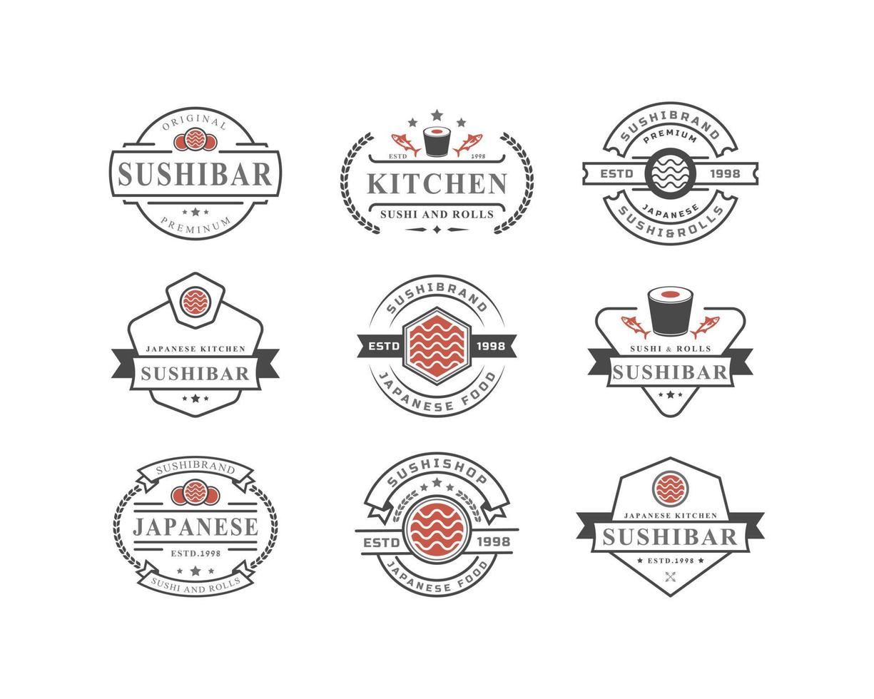 Set of Vintage Retro Badge Sushi Restaurant Logos Japanese Food with Sushi Salmon Rolls Silhouettes vector