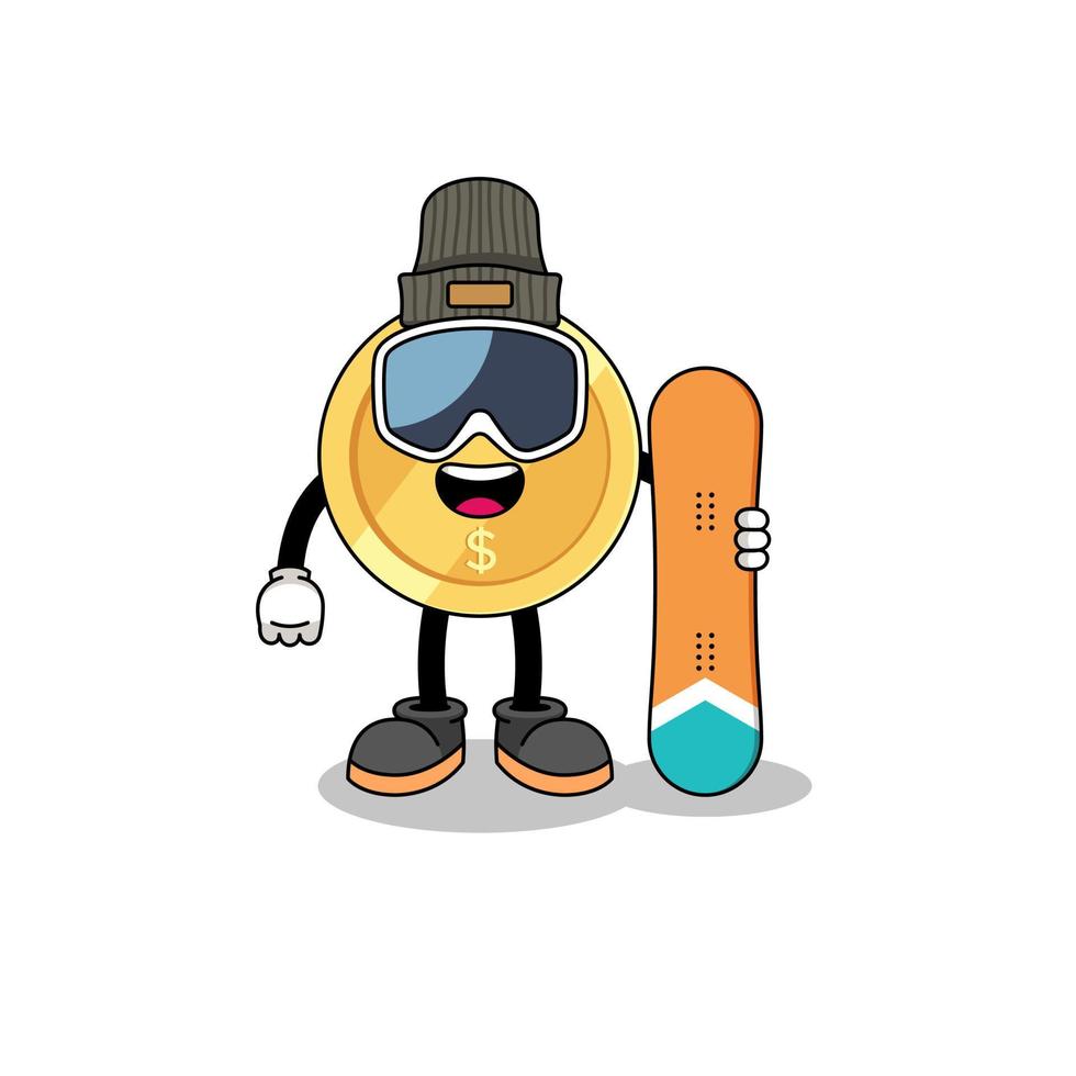 Mascot cartoon of dollar coin snowboard player vector