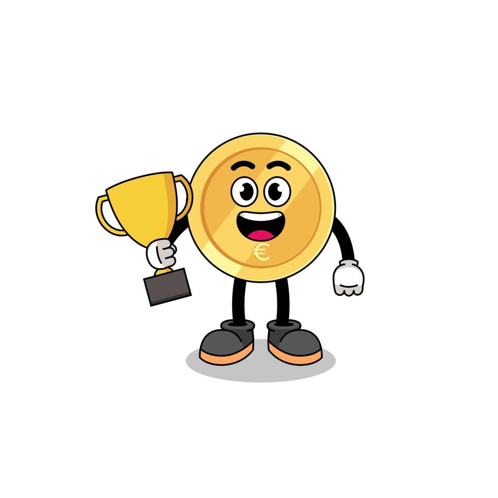 Cartoon mascot of euro coin holding a trophy vector