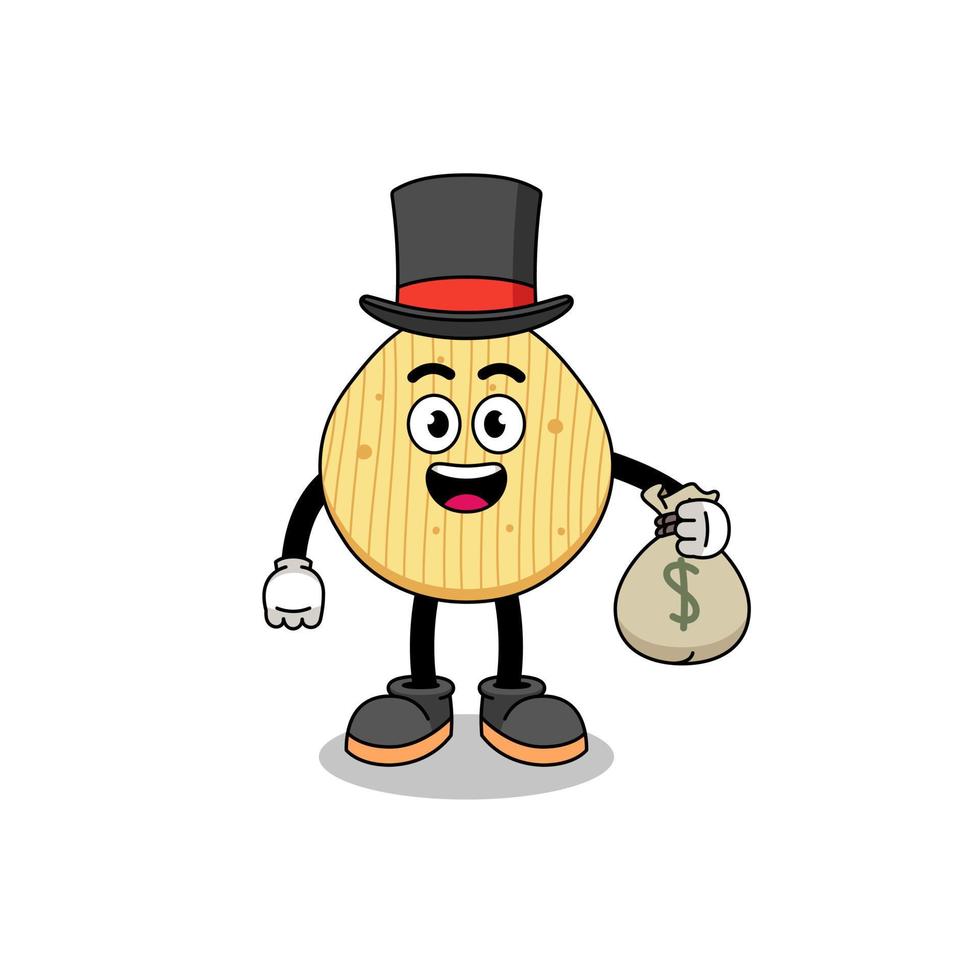 potato chip mascot illustration rich man holding a money sack vector